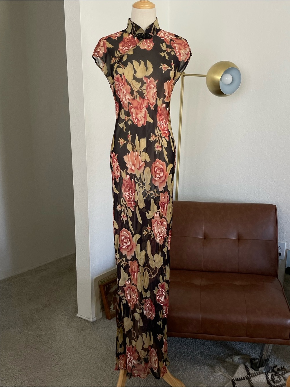 Vintage 1980s Benjamin A Boho Glam Retro Floral Silk Blend Qipao Style Dress